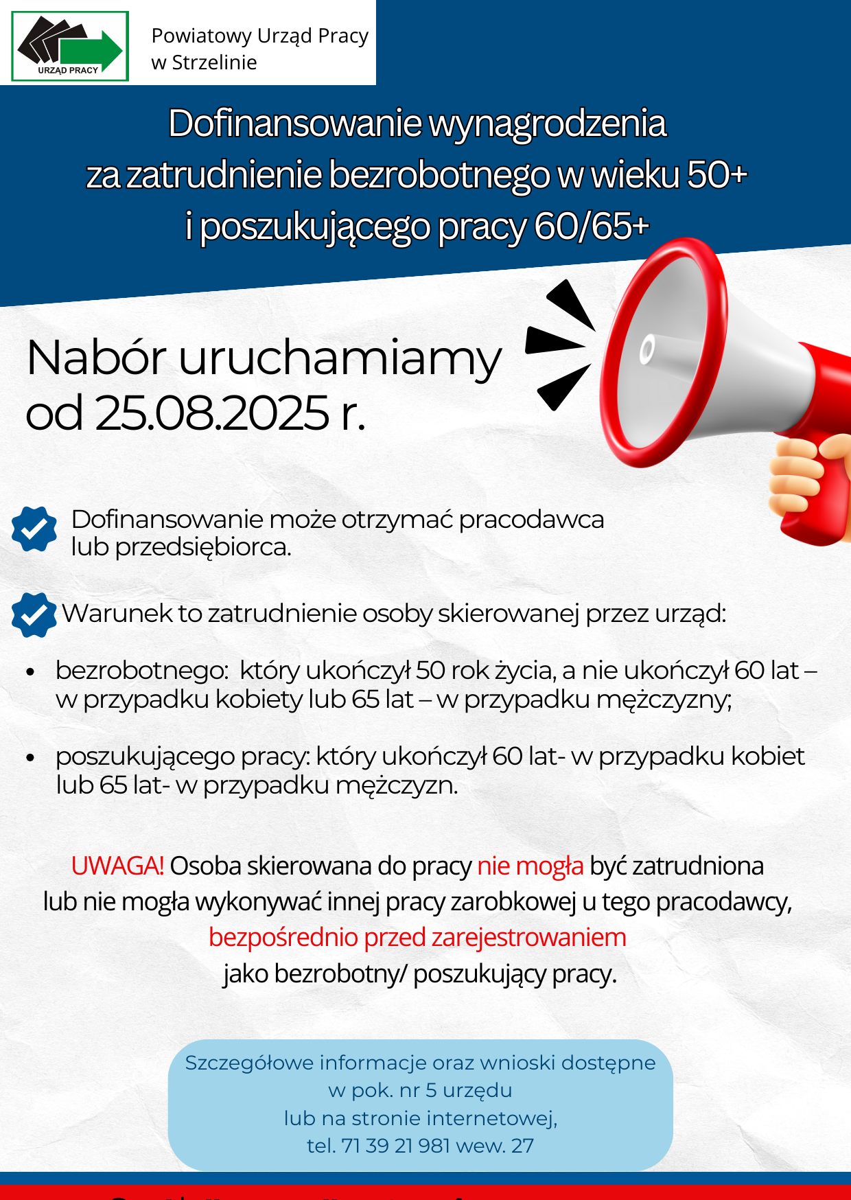 Zdjęcie artykułu Nabór na Dofinansowanie wynagrodzenia za zatrudnienie bezrobotnego w wieku 50+