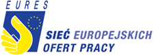 Logotyp EURES: Dłoń trzymająca flagę Unii Europejskiej. Na górze napis: EURES, obok: Sieć Europejskich Ofert Pracy